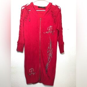 Ed Hardy by Christian Audigier Elegant Red Women's Hooded Cardigan